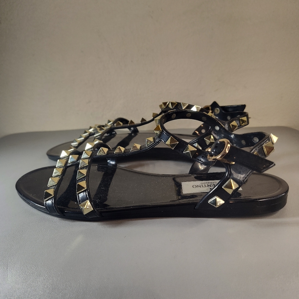 VALENTINO Garavani Women Shoes Sz 5 Black PVC Jelly Rockstud Caged Ankle Sandal